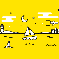 yellow scenery of a boat on water a plane and a landscape in the background 