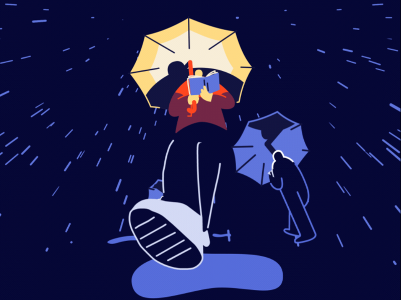 cartoon character walking reading a book holding an umbrella stomping on puddles of water