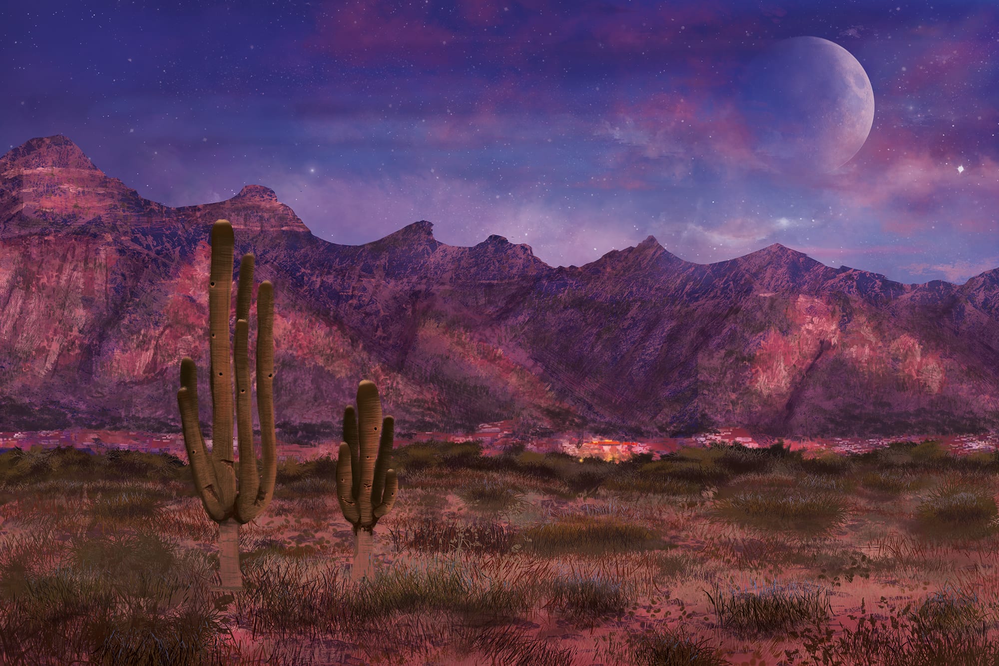 dominant pink colours mountains with cactus and a starry sky with a moon