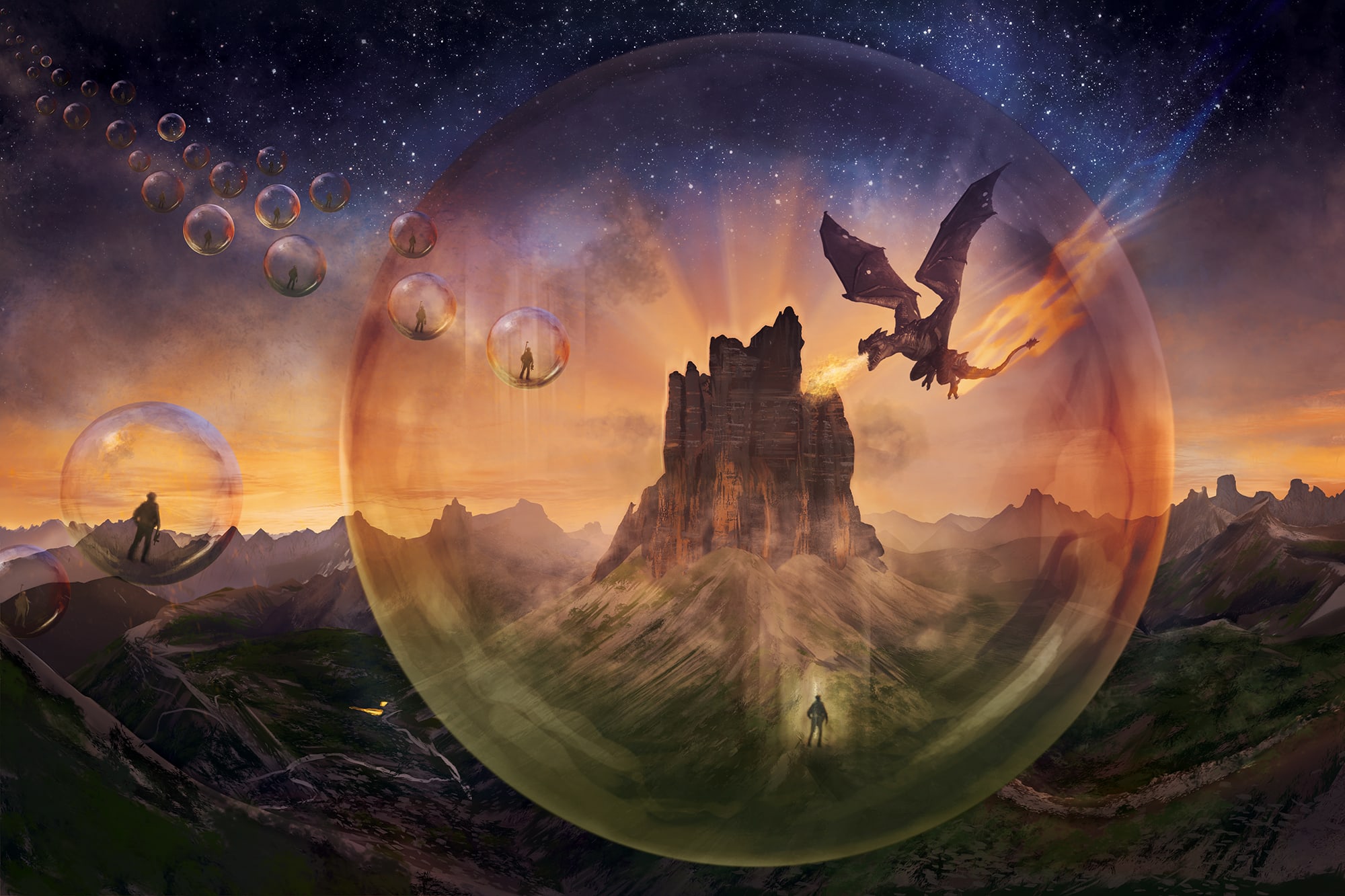fantasy illustartion with dragon mountails valley and space bubbles with people